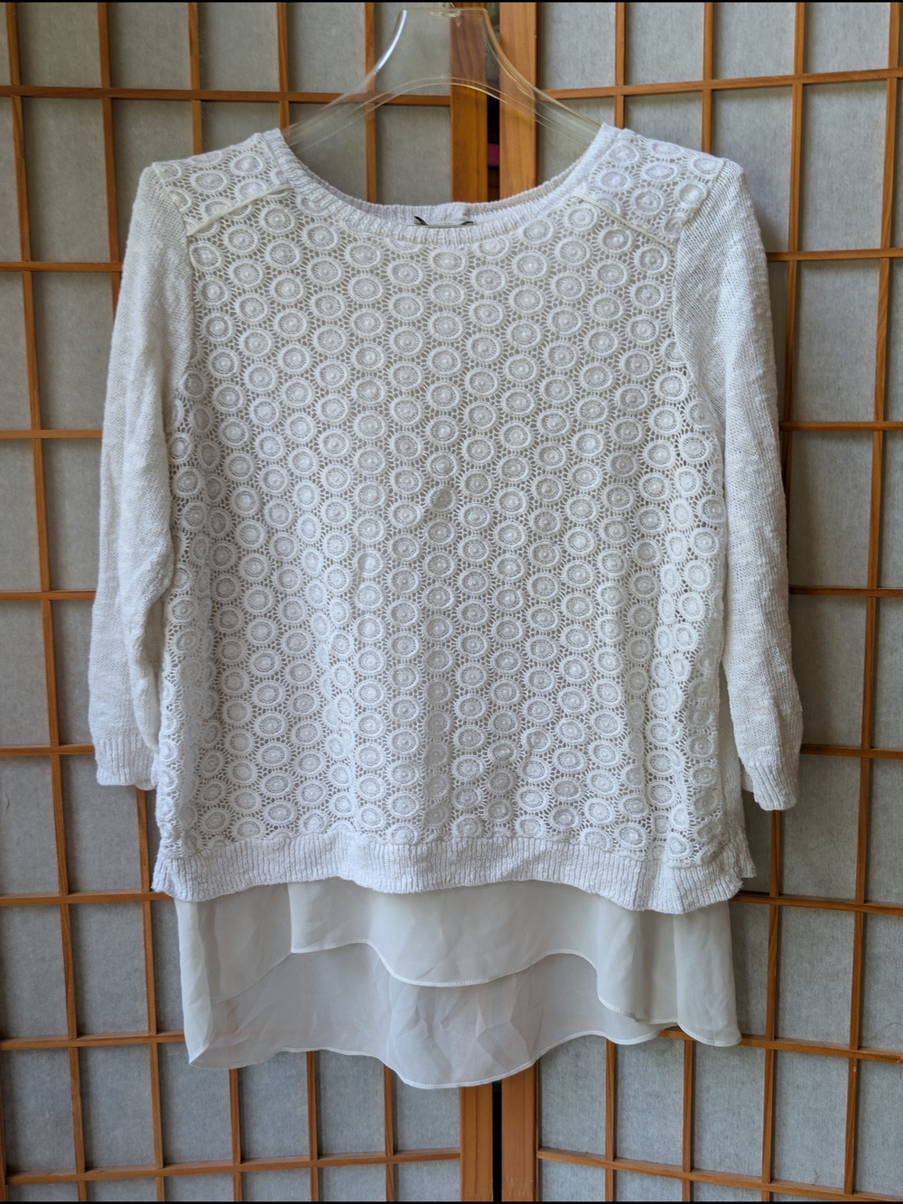 Lucky Brand Crochet Chiffon Layered Lightweight Sweater 3/4 Large L Split Back